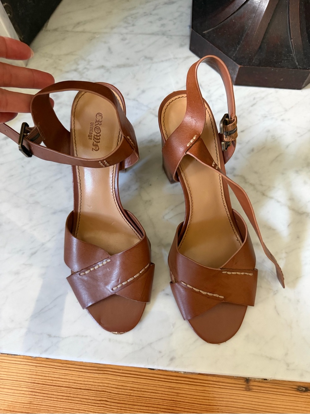 Crown Vintage Brown Leather Crisscross Slingback Heels